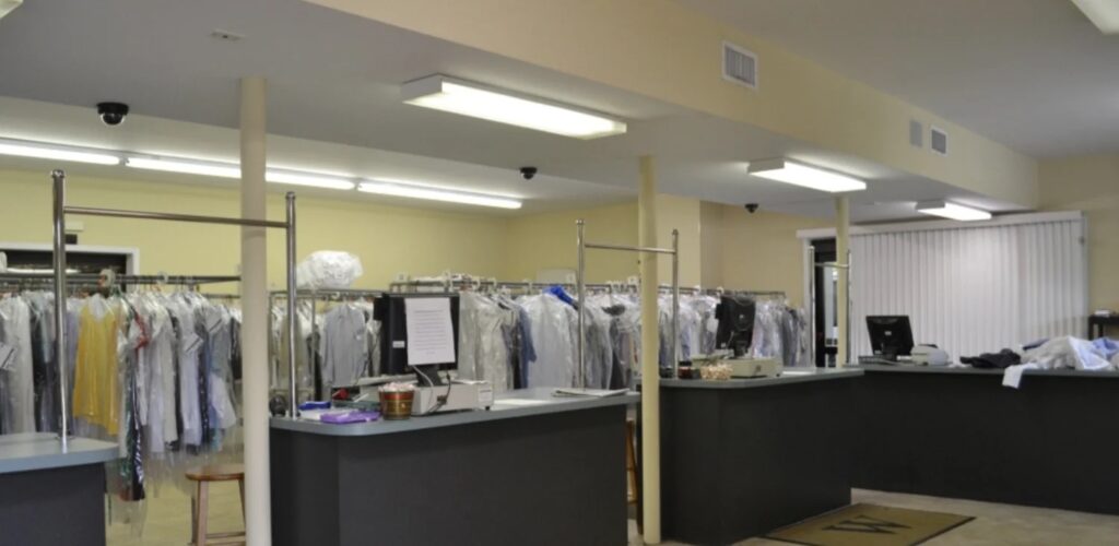 The service counter and garment racks inside Waite's Cleaners